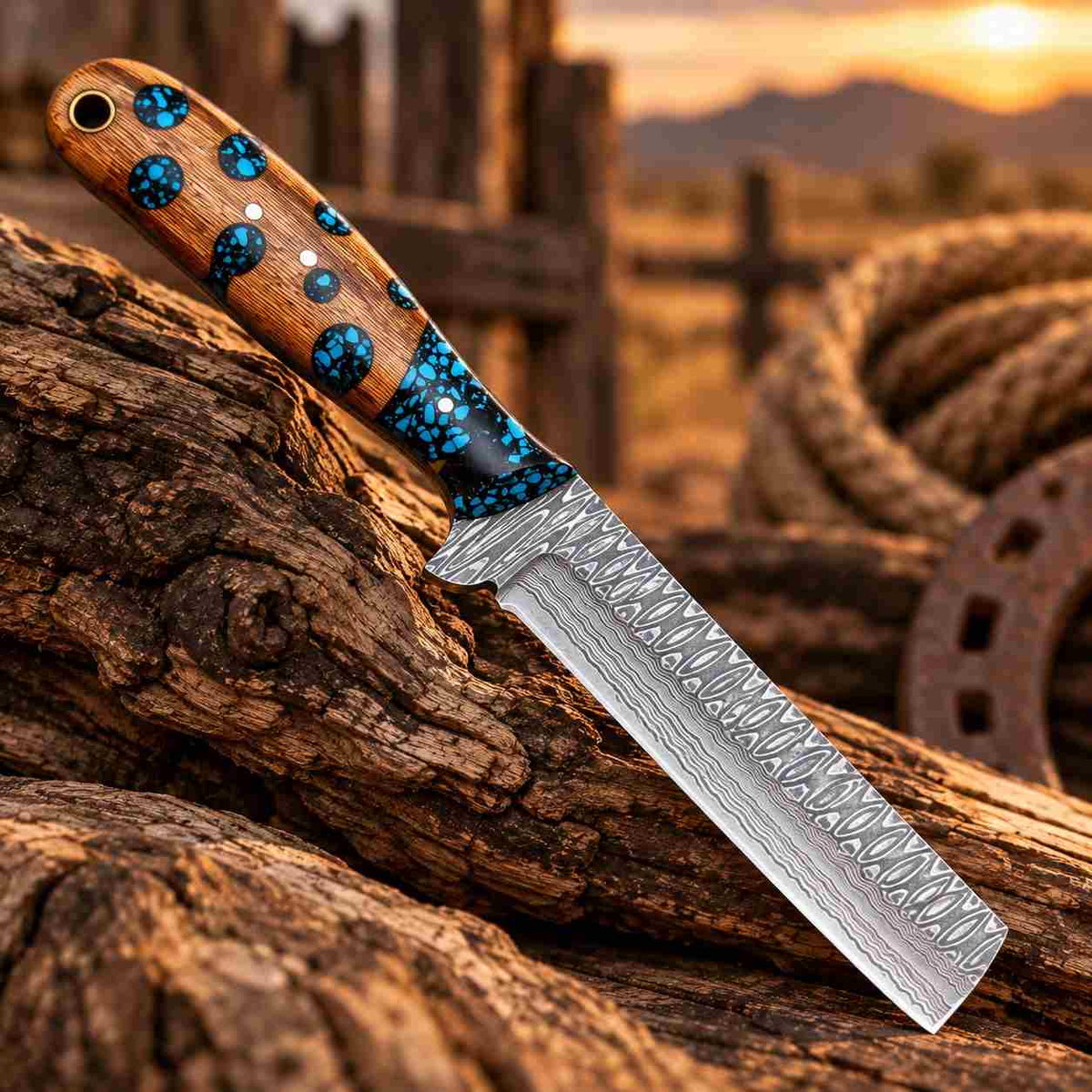 Handmade Damascus Bull Cutter with blue resin and natural wood handle