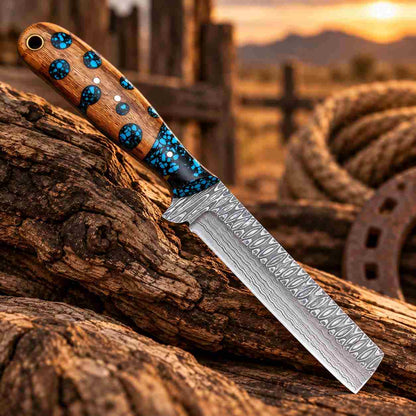 Handmade Damascus Bull Cutter with blue resin and natural wood handle