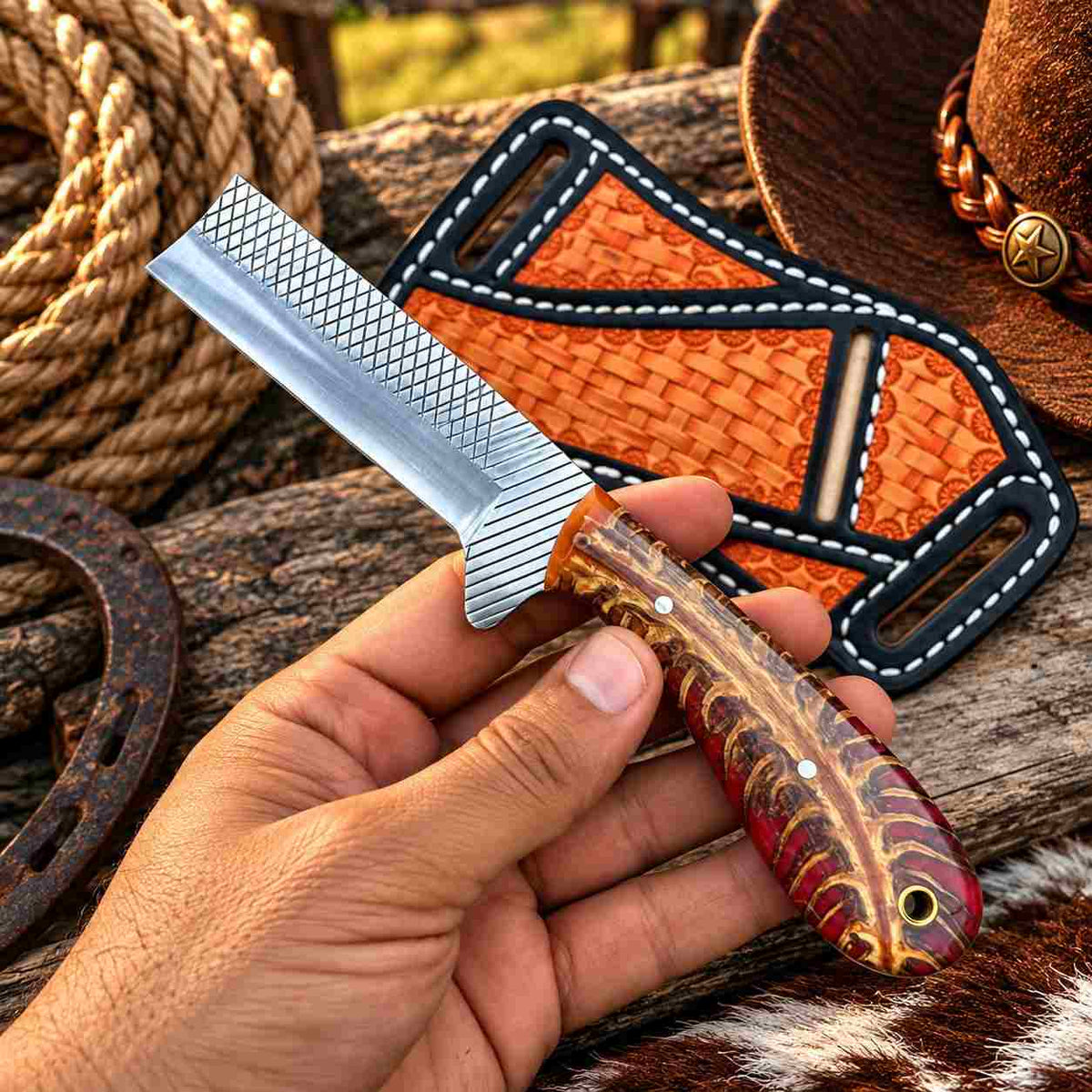Close-up of the blue and tan resin pinecone handle with polished metal bolster
