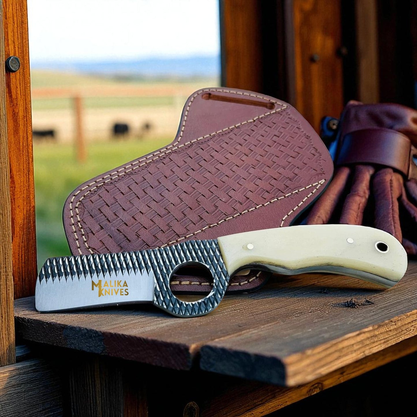 Handmade bull cutter cowboy knife with D2 rasp steel blade and camel bone handle in leather sheath.