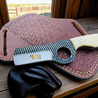 Bull Cutter Knife | Cowboy Knife | D2 Rasp Steel Blade, Camel Bone Handle & Leather Sheath
