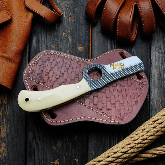 Bull Cutter Knife | Cowboy Knife | D2 Rasp Steel Blade, Camel Bone Handle & Leather Sheath