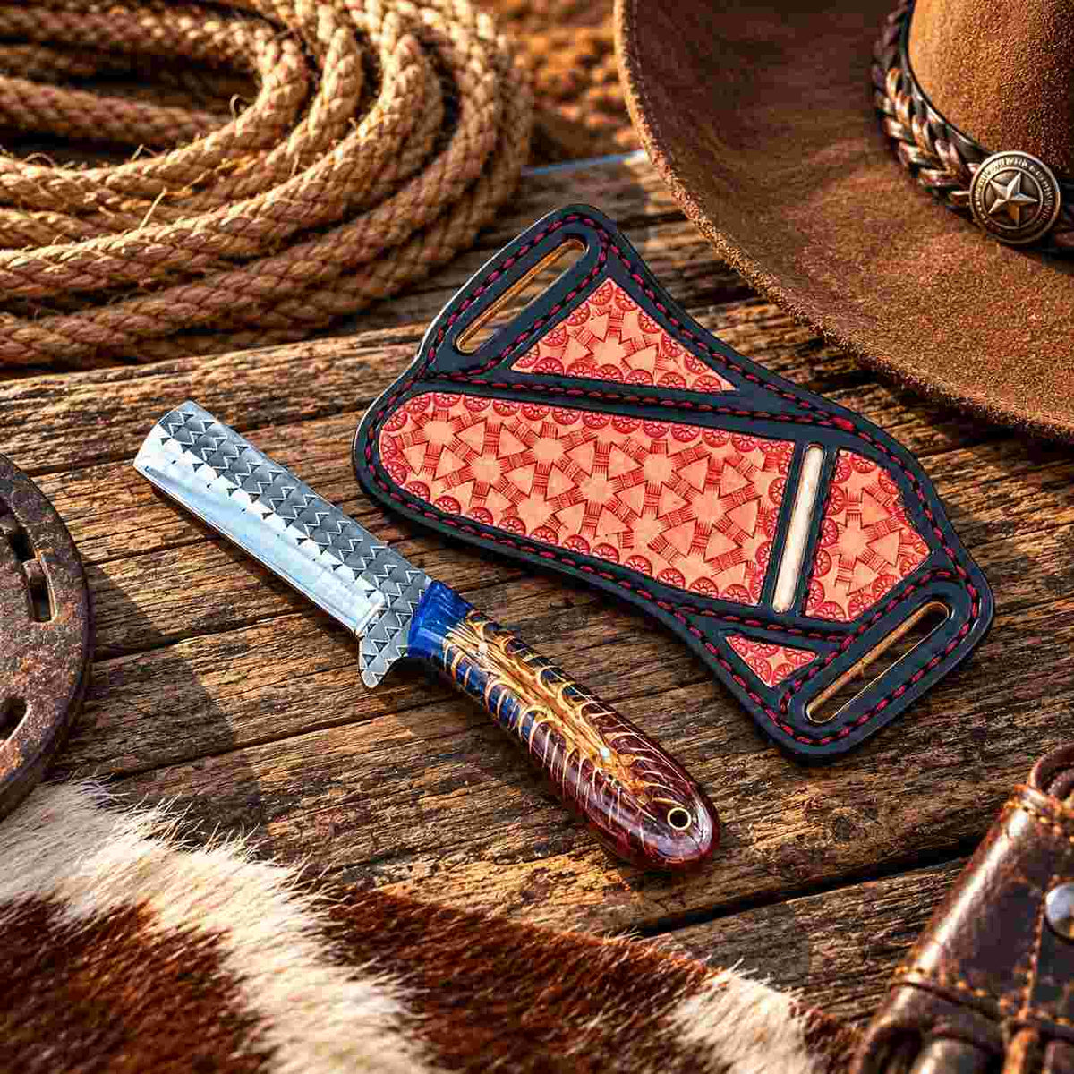 Handmade bull cutter with decorative cross-draw genuine leather sheath