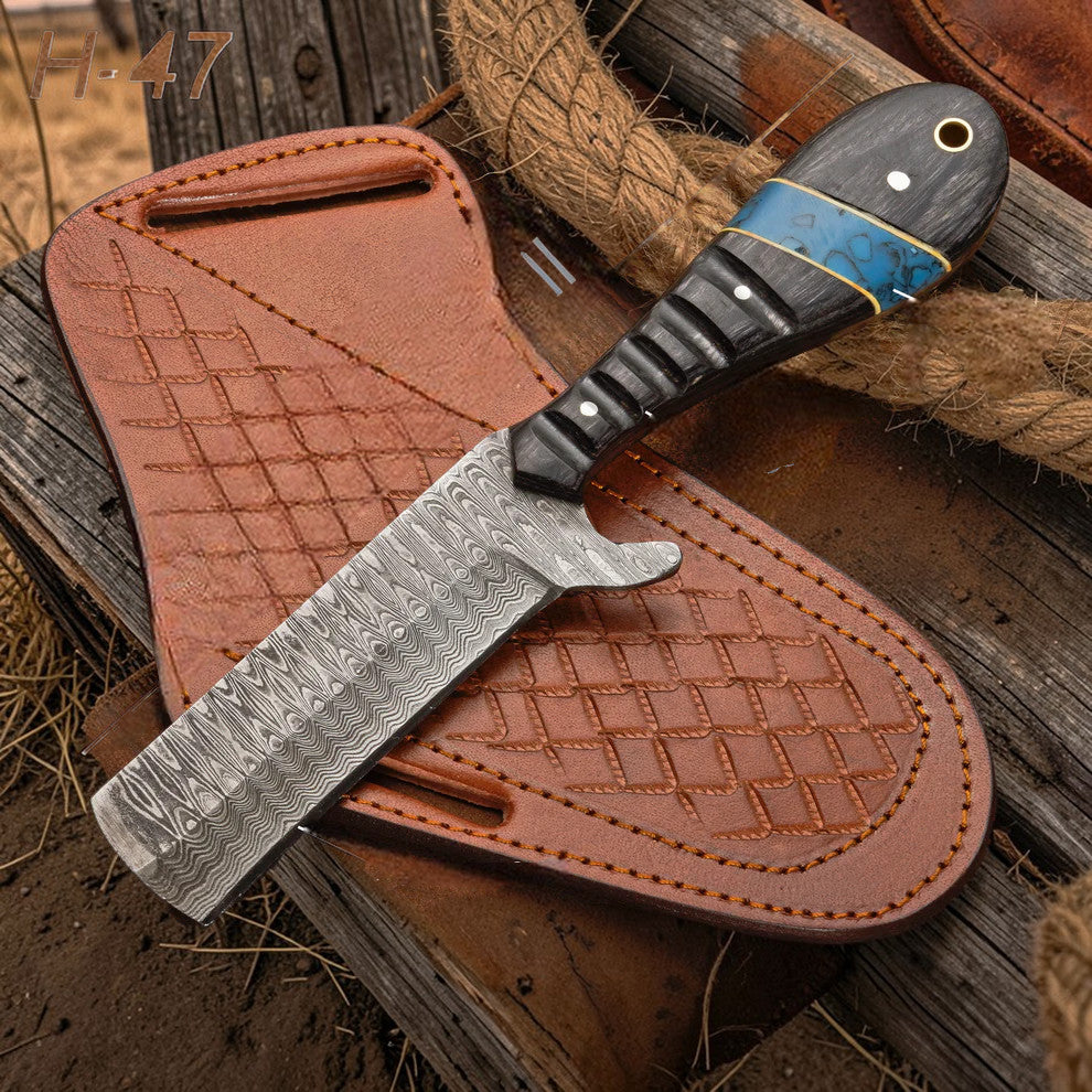 Handmade bull cutter knife with 1095 Damascus steel blade, wood handle, and leather pancake sheath