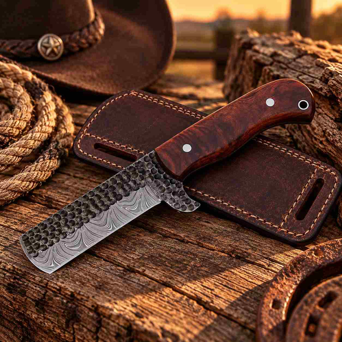 Western Bull Cutter knife featuring patterned Damascus steel and pure leather sheath