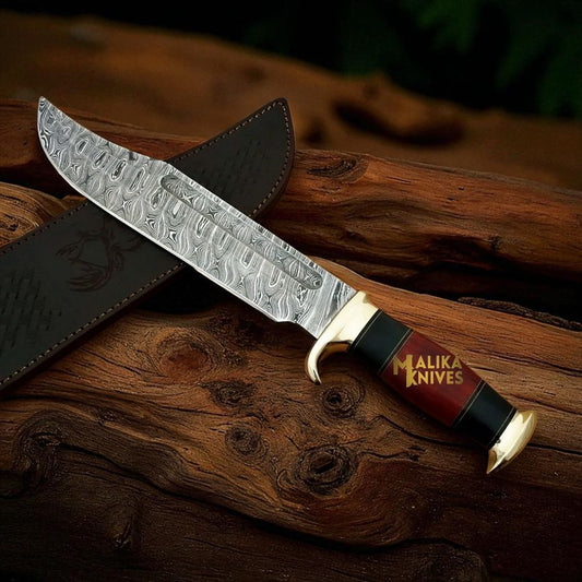 Damascus Dundee Bowie Knife Bull Horn Pakka Wood Handle