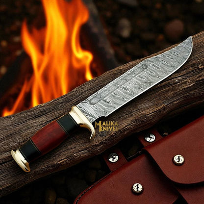 Damascus Dundee Bowie Knife Bull Horn Pakka Wood Handle