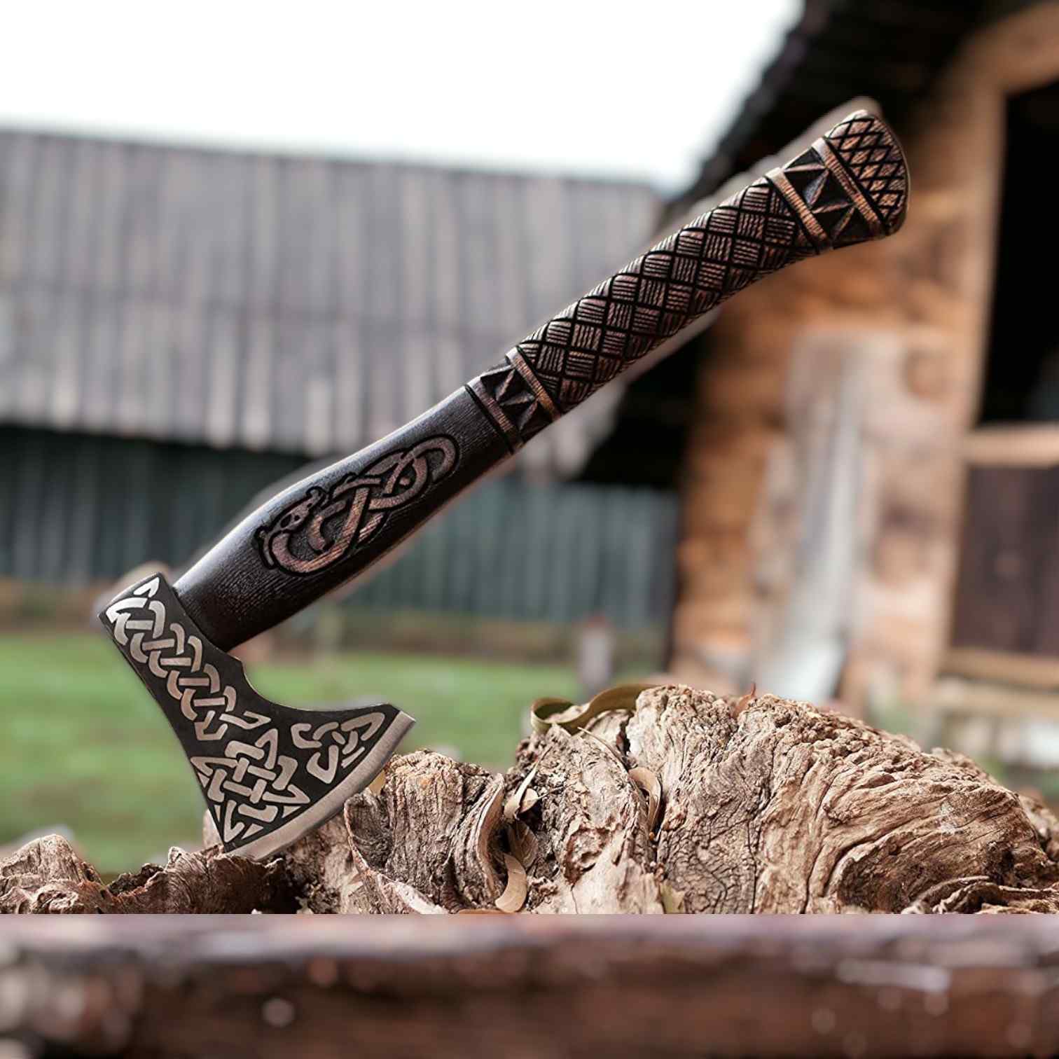 Hand-forged Viking bearded axe with Celtic knotwork carbon steel head and dragon-carved wood handle