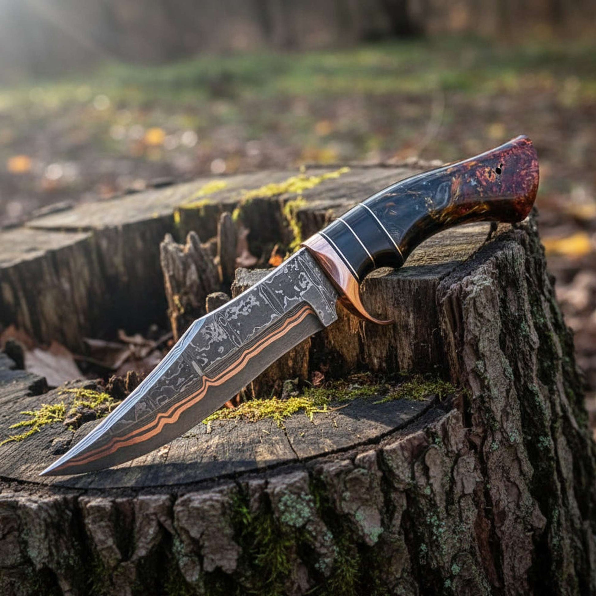 handmade copper damascus knife in hand view