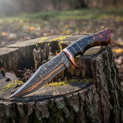 handmade copper damascus knife in hand view