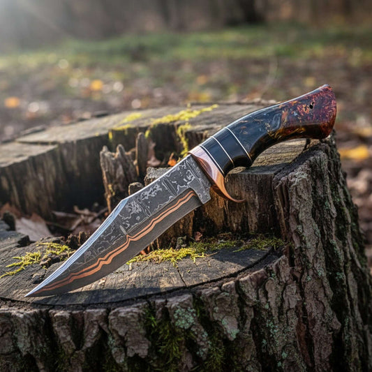 handmade copper damascus knife in hand view