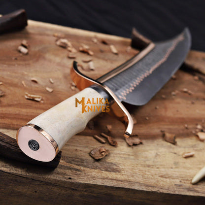 Pummel closeup of copper damascus alamo musso bowie knife 