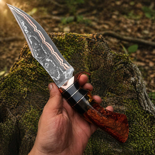 copper damascus bowie knife outdoor wood display