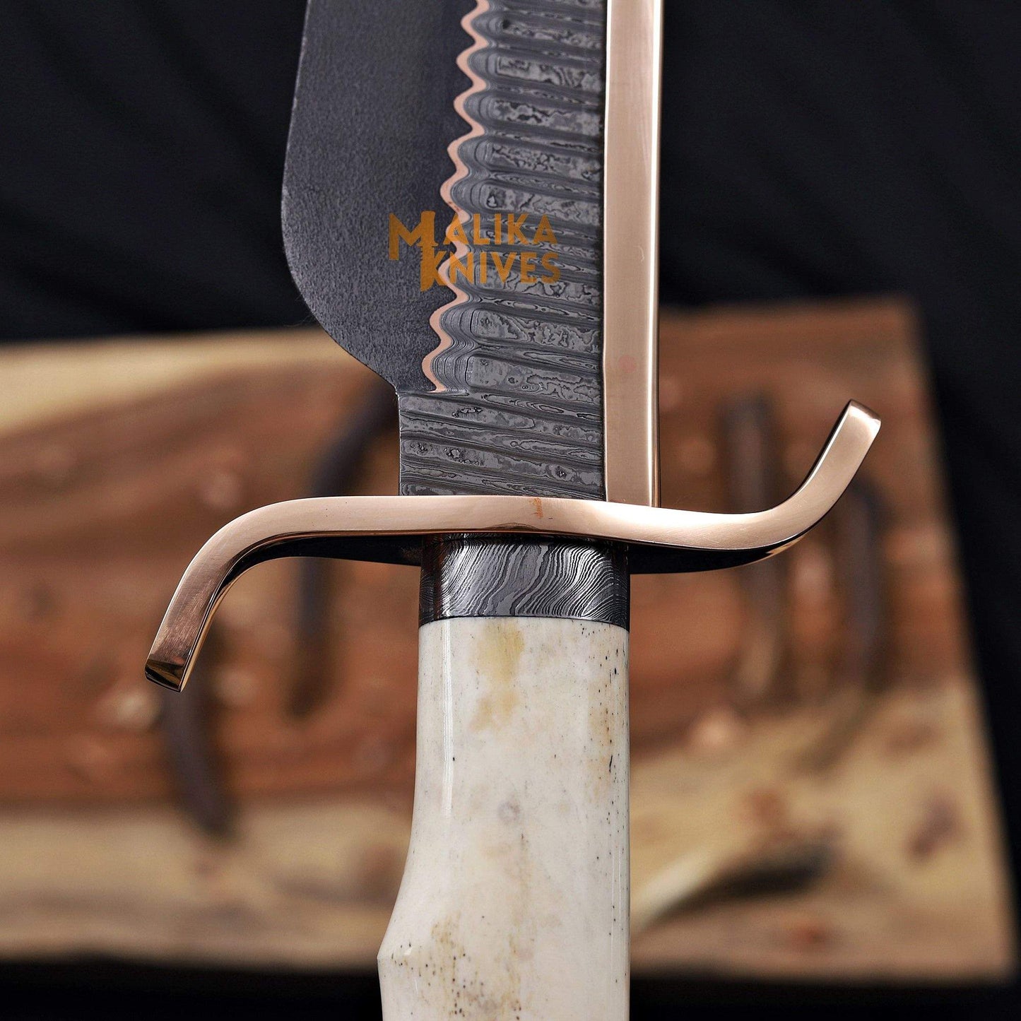 Copper Guard closeup of copper damascus alamo musso bowie knife 