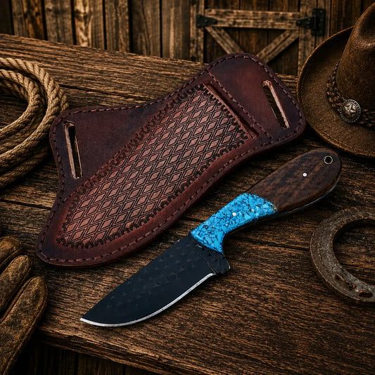 Buckaroo knife with rasp steel blade and turquoise rosewood handle