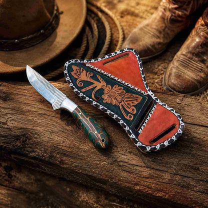 Cowboy skinner knife with cross-draw leather sheath