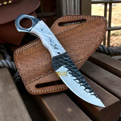Close-up of cowboy knife forged D2 steel blade with scale finish, ranch cowboy knife with resin handle.