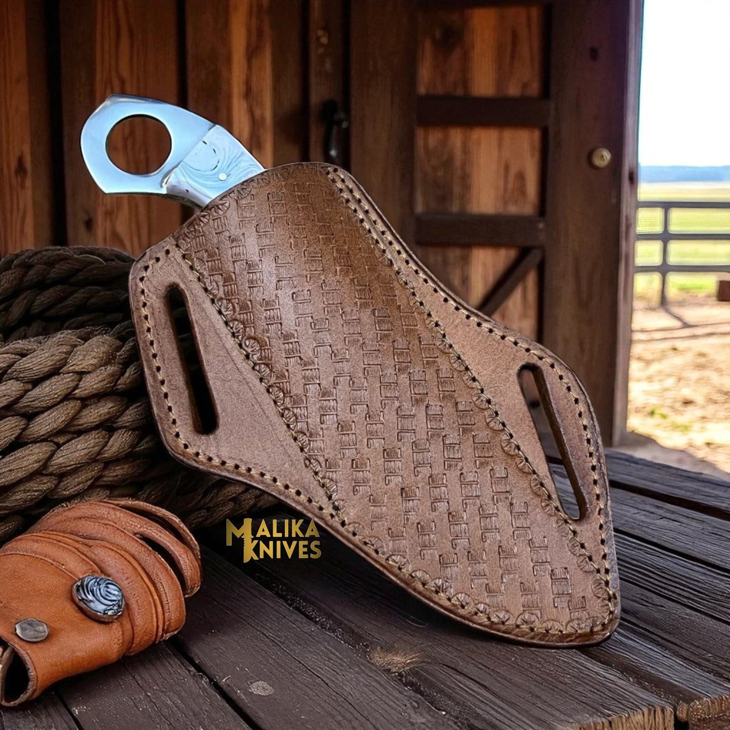 Handmade cowboy knife with resin handle in leather pancake sheath, forged D2 steel blade, cowboy fixed blade knife.