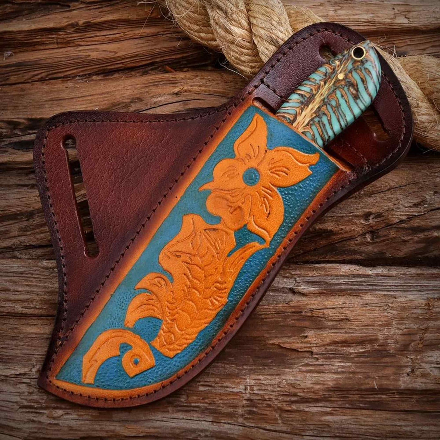 Tooled cowhide pancake leather sheath for cowboy hunting knife