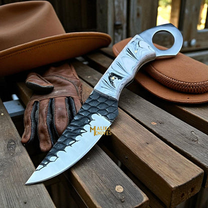 Cowboy knife with resin handle, forged D2 steel blade, and finger ring pommel, custom cowboy knife design.