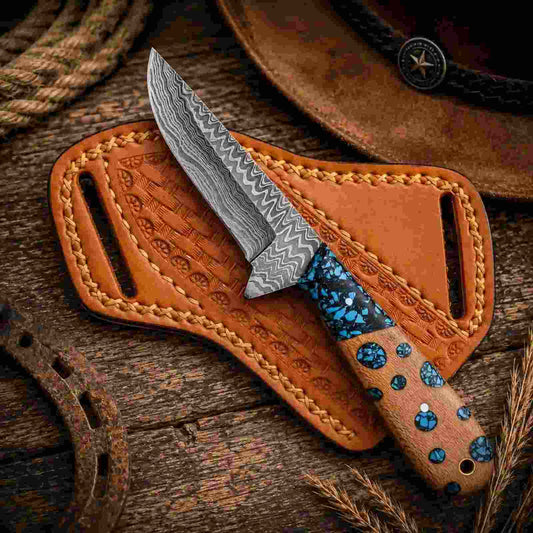 Cholla Cactus Buckaroo Knife with patterned Damascus steel blade and natural cactus handle