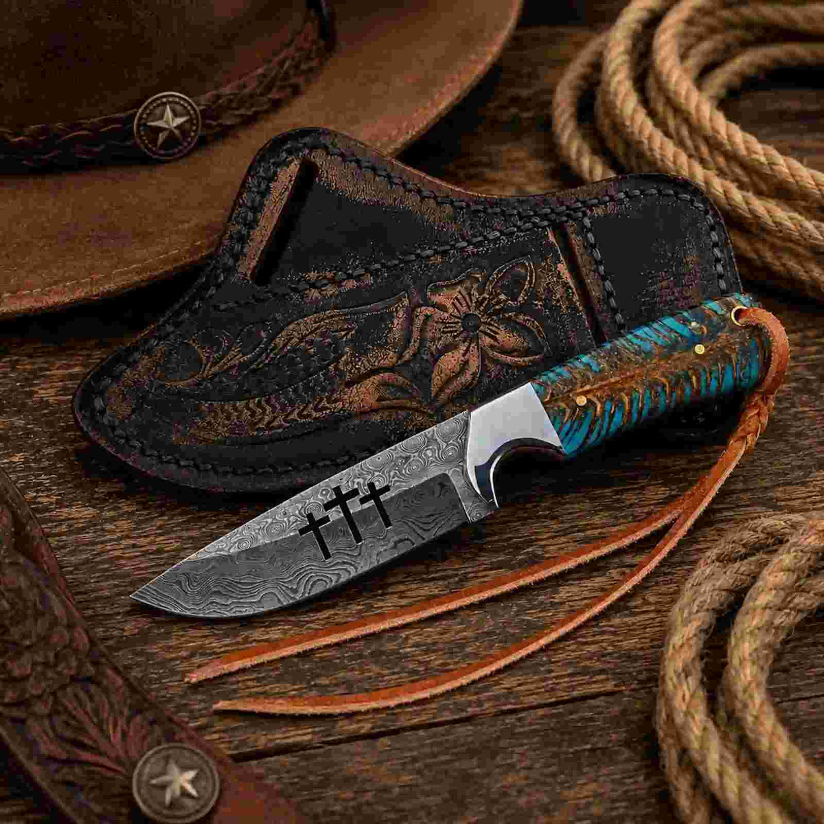 Praying Cowboy Knife with Damascus steel blade and blue pine cone handle