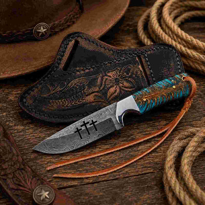 Praying Cowboy Knife with Damascus steel blade and blue pine cone handle