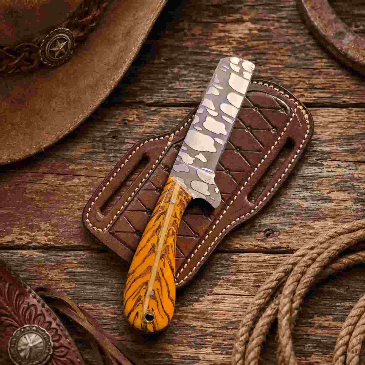 Acid Wash D2 Bullcutter knife with pine cone handle and pancake leather sheath