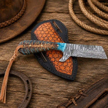 Damascus Bullcutter knife with pine cone handle and pancake leather sheath