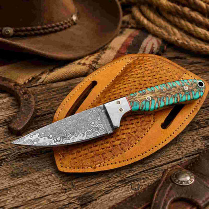 Pine cone handle and Damascus blade on a 7.5-inch Buckaroo knife