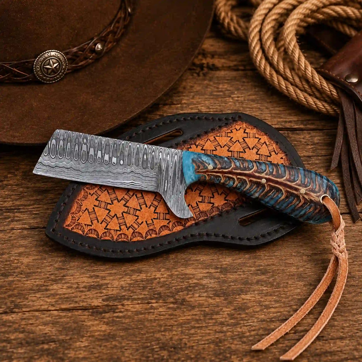 8-inch Bullcutter knife with patterned Damascus steel blade and pine cone handle