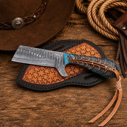 8-inch Bullcutter knife with patterned Damascus steel blade and pine cone handle