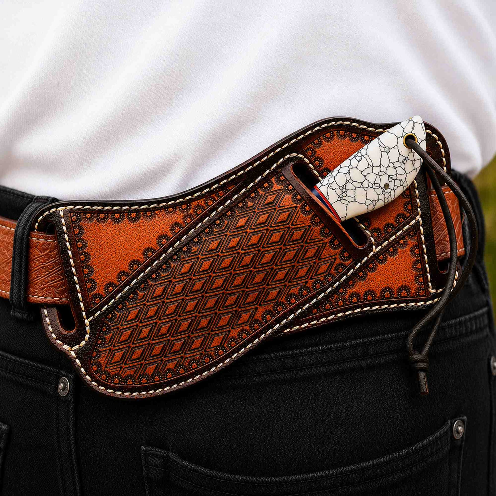 Cross Draw wear Cowhide pancake leather sheath for Western Style cowboy hunting knife