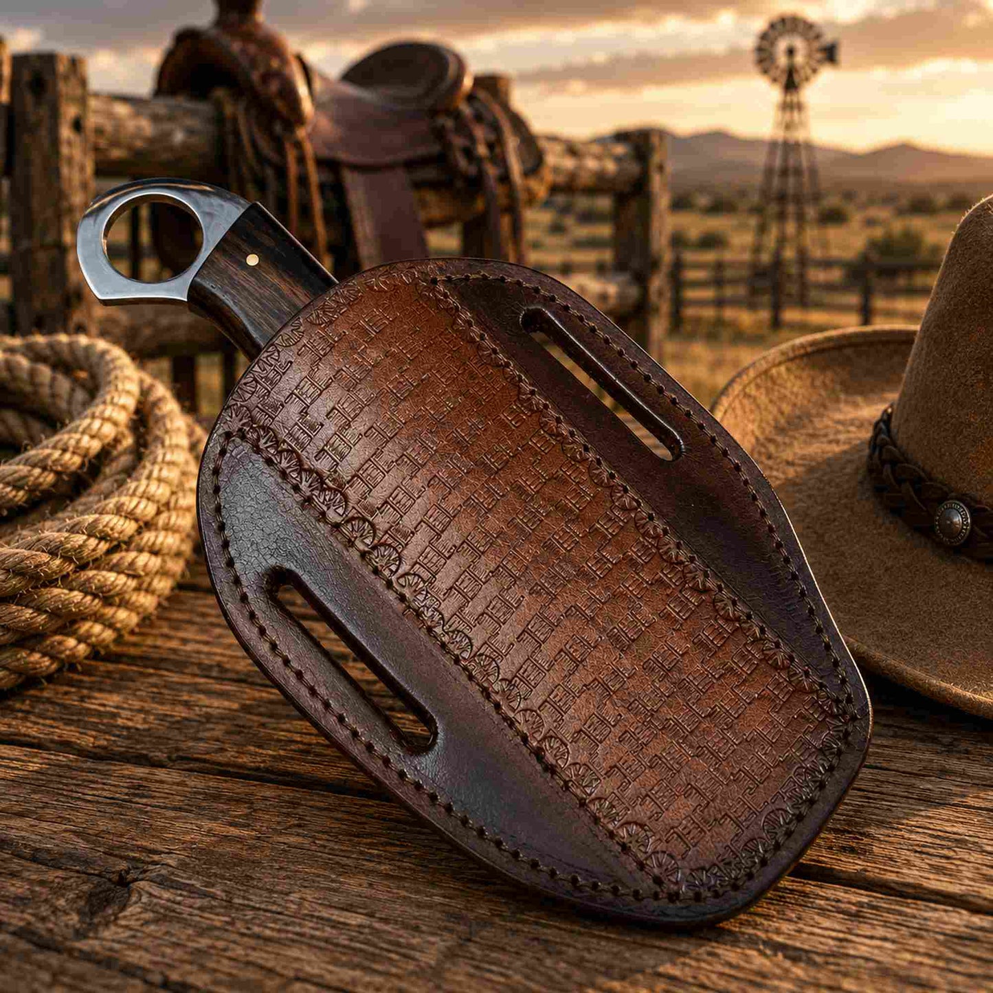 Western crossdraw leather sheath for handmade bull cutter knife with basket tooled pattern