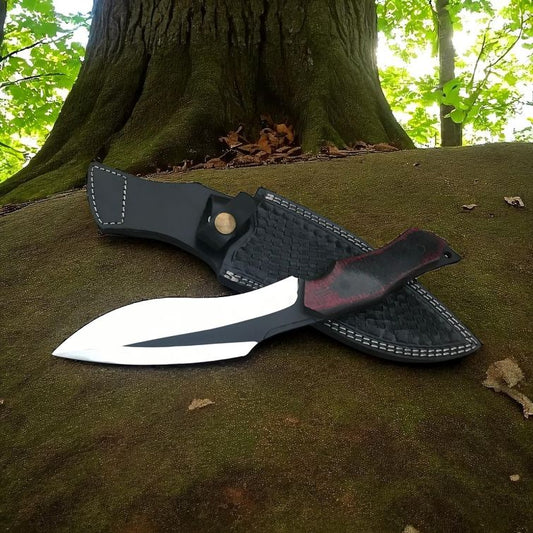 Bowie Knife with sheath on a tree stump in a forest setting