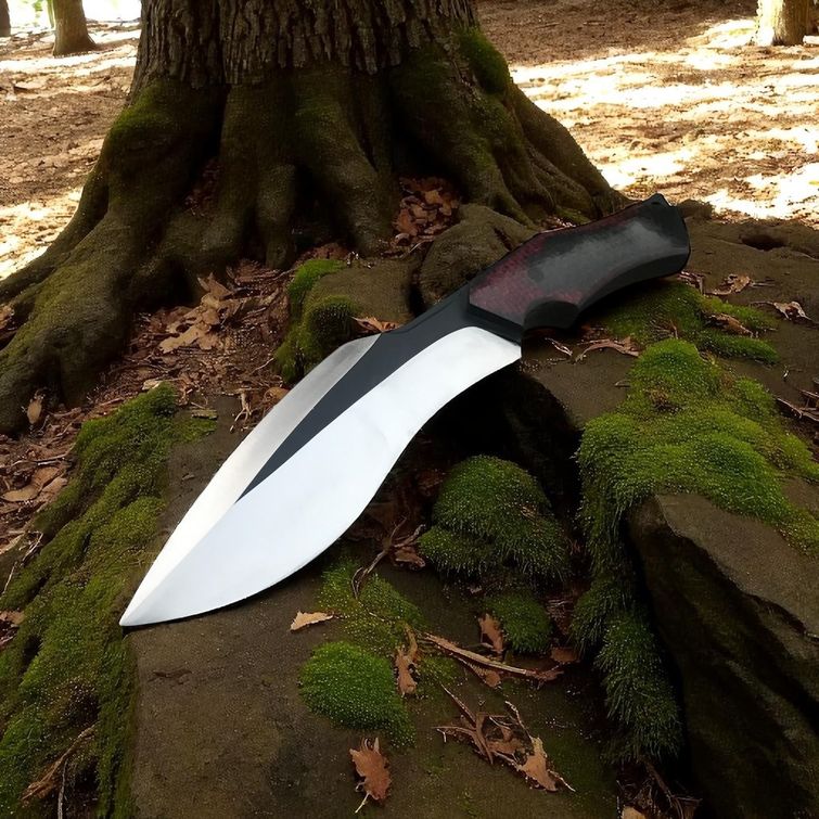 Bowie knife on a moss-covered stone with a tree in the background