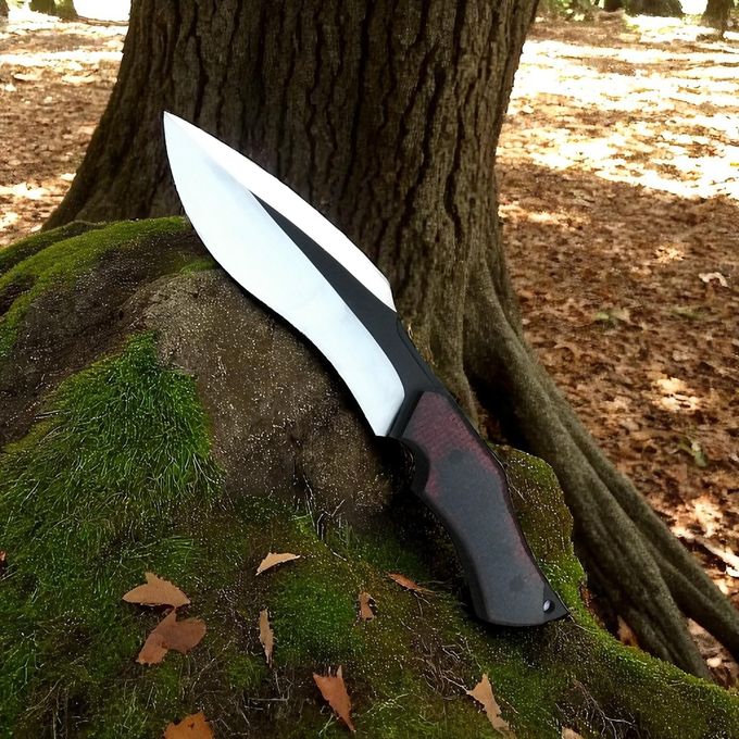 Bowie knife with a black handle and silver blade on a mossy tree stump in a forest setting.