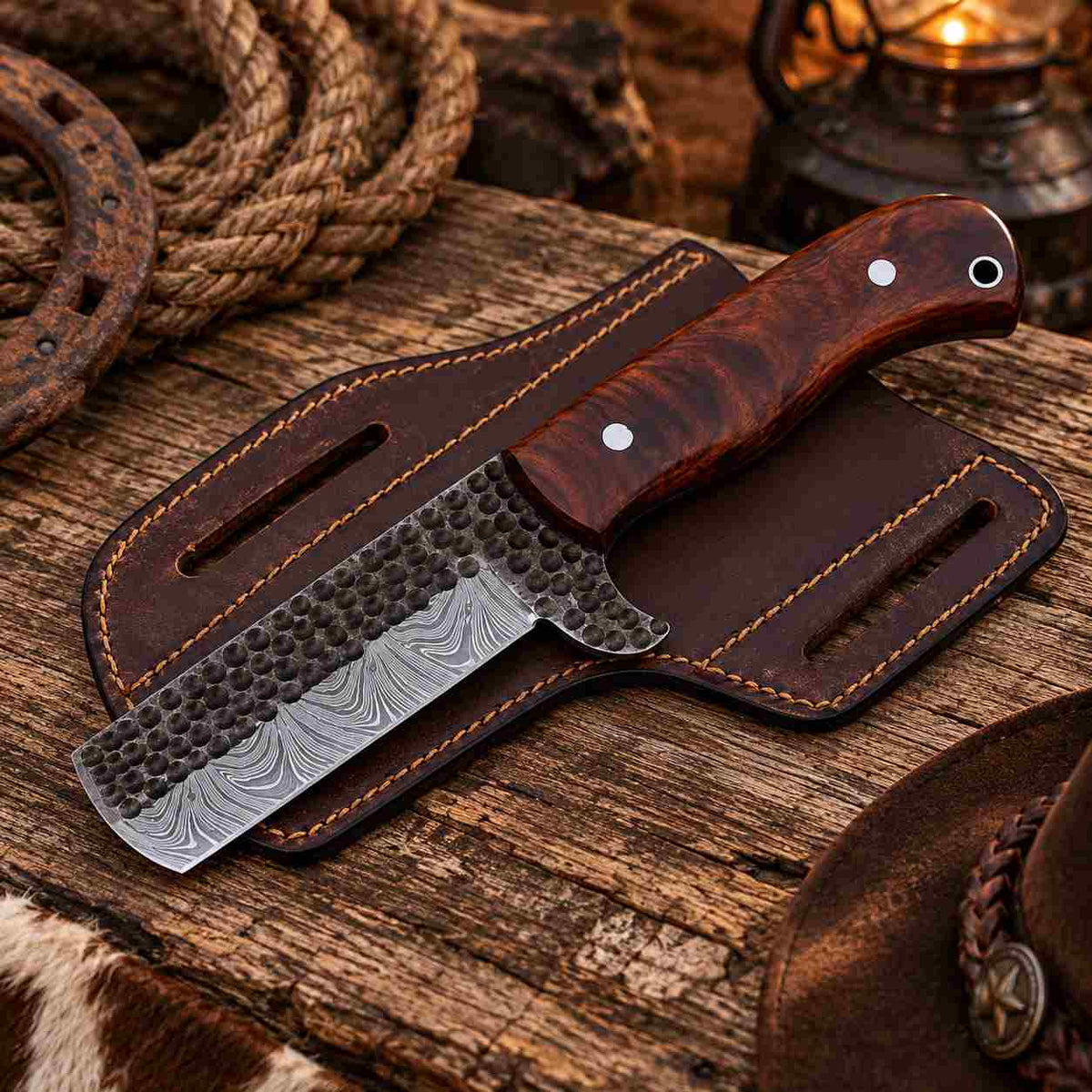 Custom handmade Damascus steel Bull Cutter knife with natural wood handle