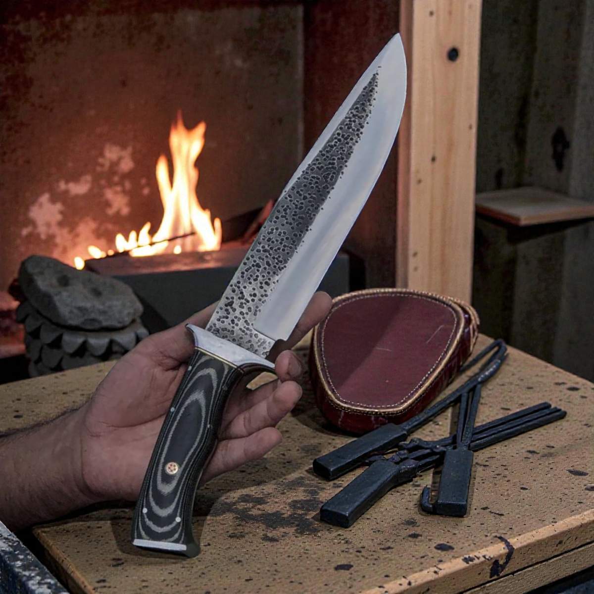 handmade d2 steel bowie knife with g10 handle and leather sheath