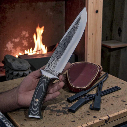 handmade d2 steel bowie knife with g10 handle and leather sheath