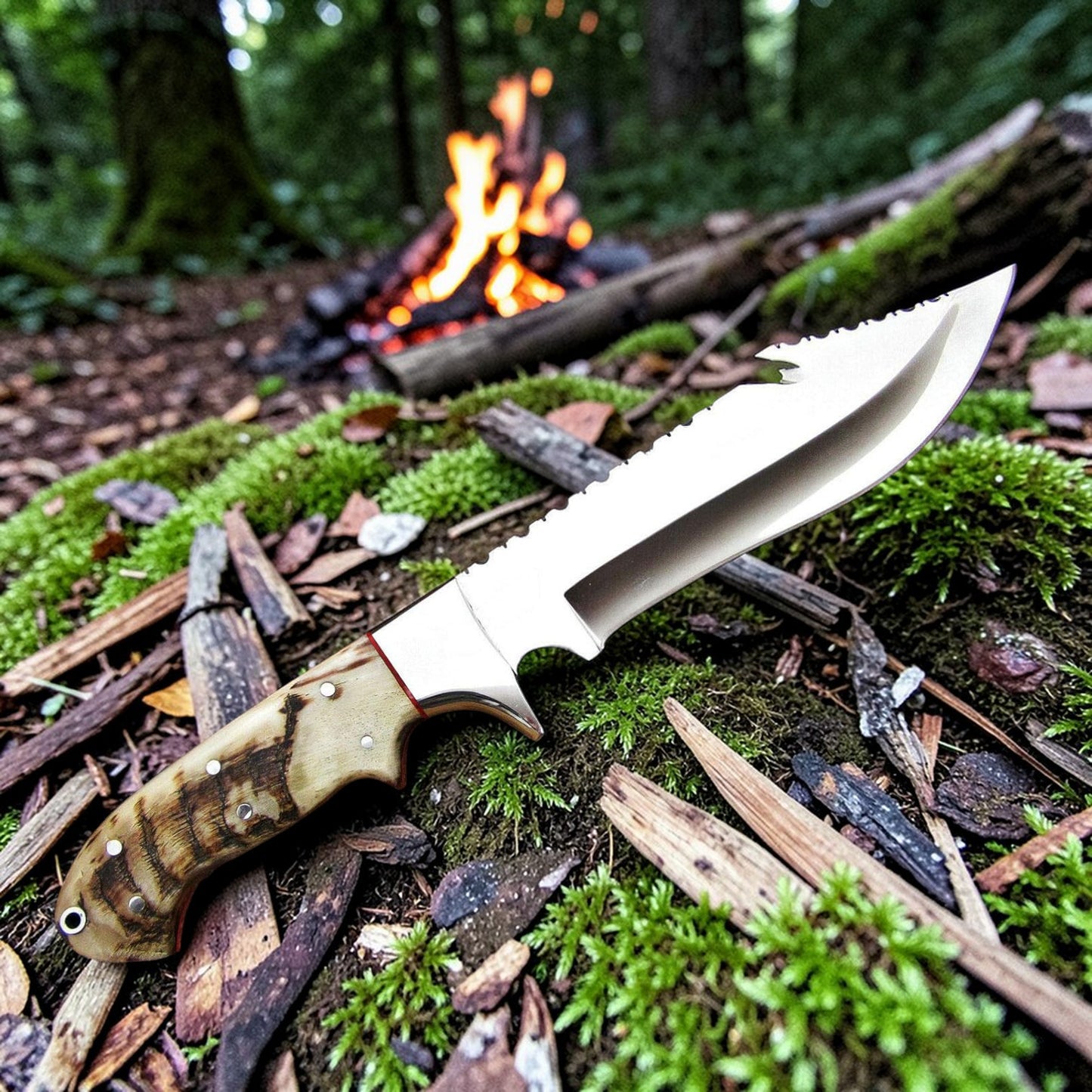 d2 gut hook hunting knife with ram horn handle placed on forest ground near campfire