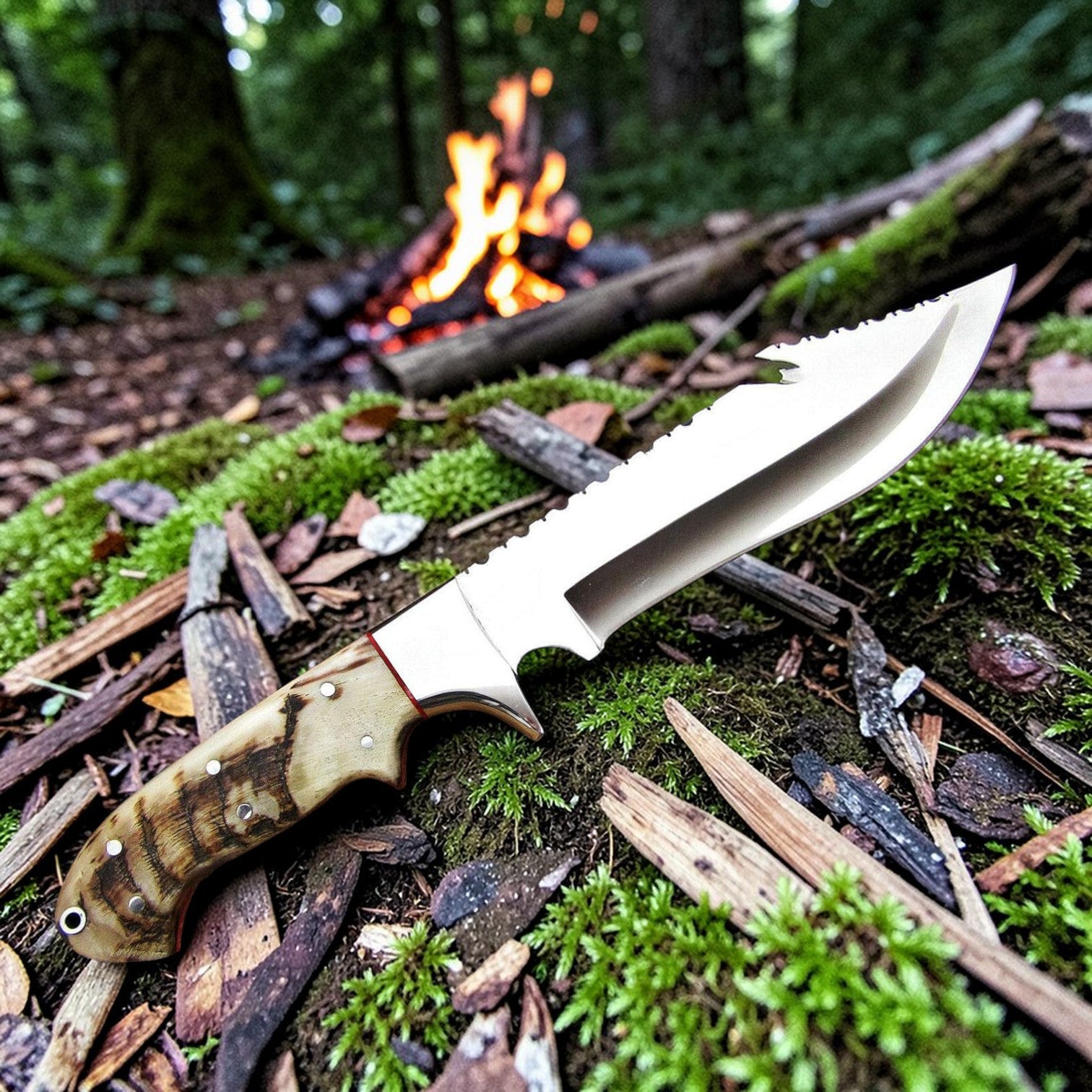 d2 gut hook hunting knife with ram horn handle placed on forest ground near campfire