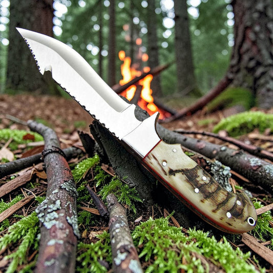 d2 gut hook hunting knife with ram horn handle placed on forest ground near campfire