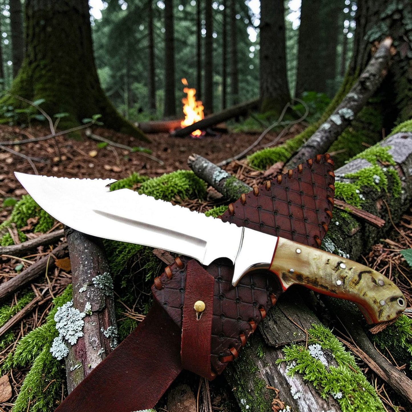 d2 gut hook hunting knife with ram horn handle placed on forest ground near campfire with leather sheath on a log in a forest setting with a campfire in the background