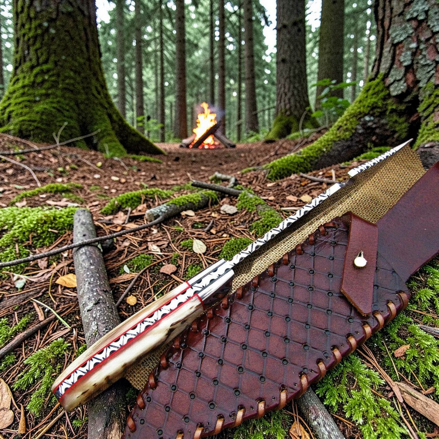 d2 gut hook hunting knife's Blade spine work with sheath on forest floor with campfire in background
