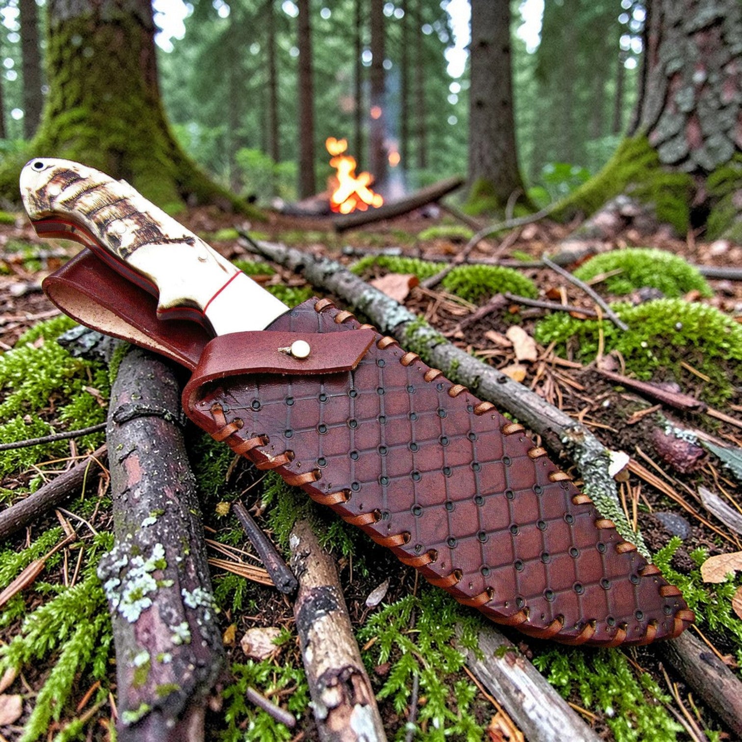 d2 gut hook hunting knife with ram horn handle with leather sheath on a branch in a forest setting