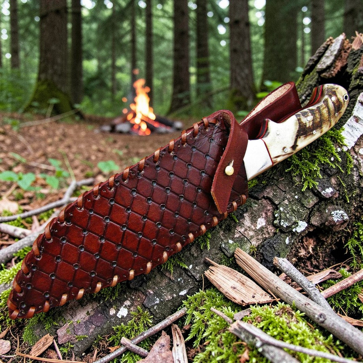 d2 gut hook hunting knife with ram horn handle with leather sheath on a branch in a forest setting