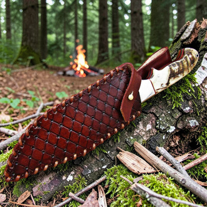 d2 gut hook hunting knife with ram horn handle with leather sheath on a branch in a forest setting