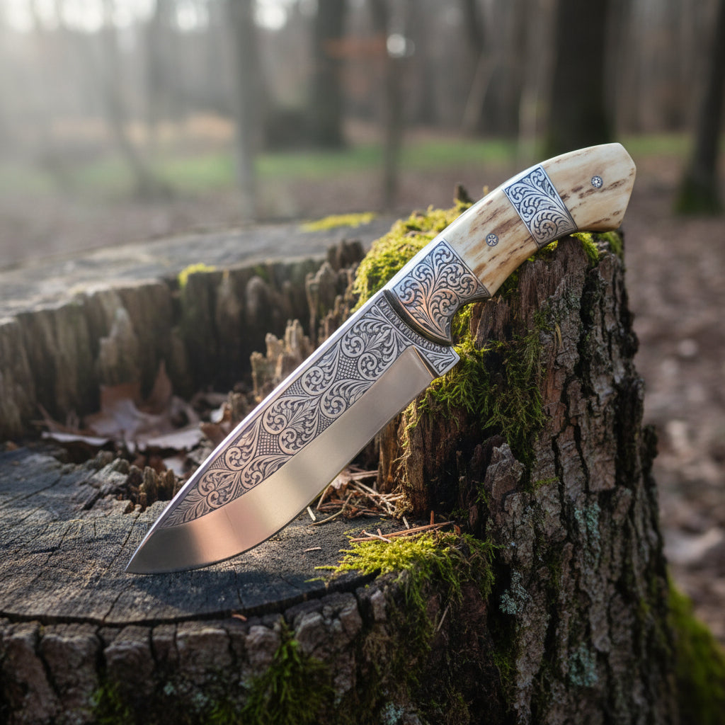 d2 hunting knife with antler horn handle and engraved blade with leather sheath