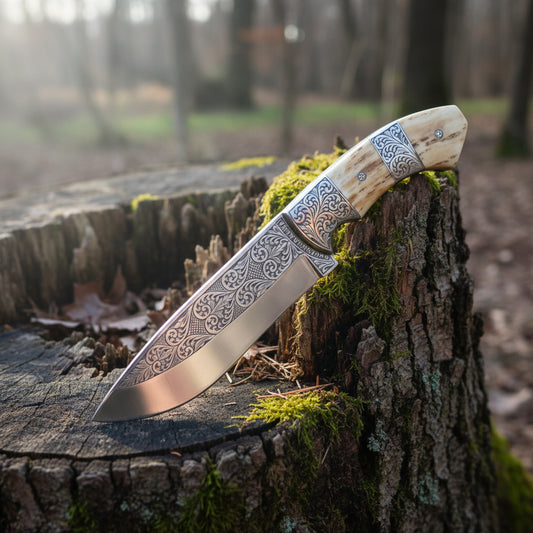 d2 hunting knife with antler horn handle and engraved blade with leather sheath